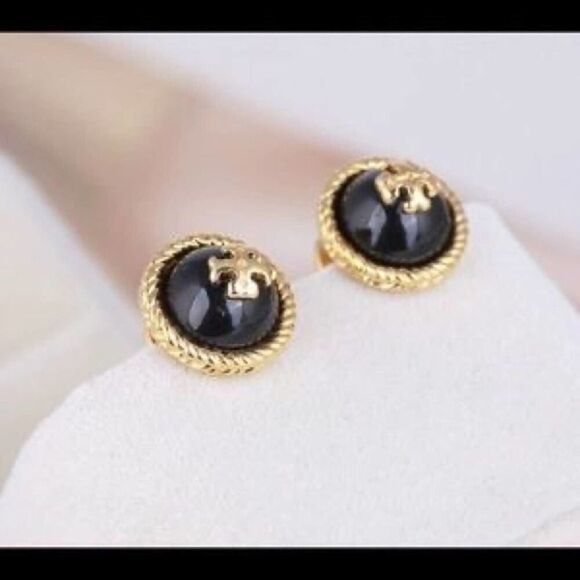 NWOT Tory Burch Gold Logo Black Enamel Circle Stud Earrings - Picture 2 of 5